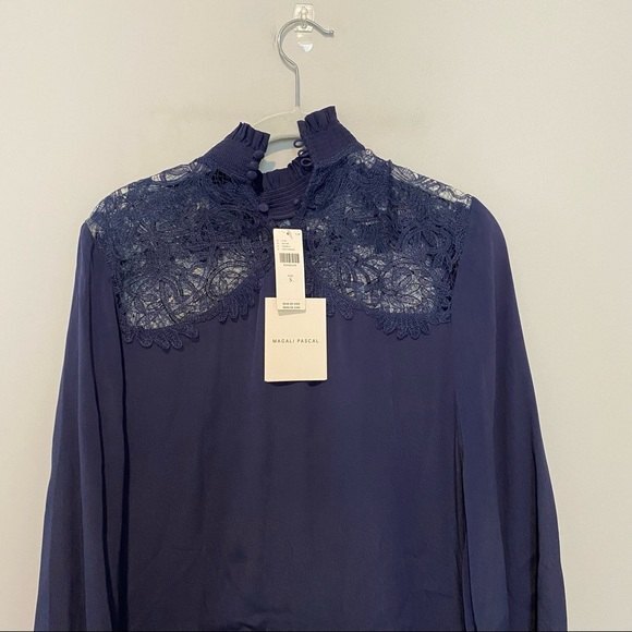 Magali Pascal Dress Anthropologie Navy Blue Clemence Lace Silk Coquette Mini - Picture 11 of 13